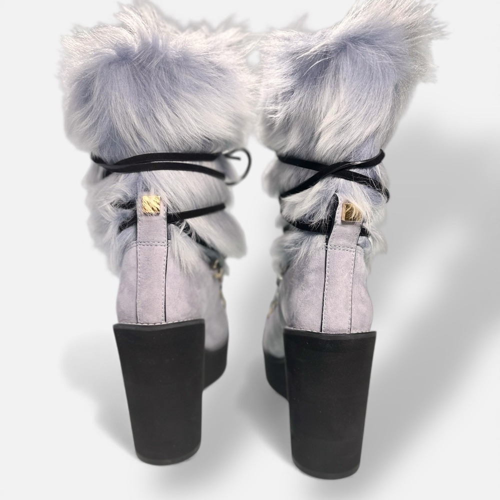 Stuart Weitzman Nikita Fur Wedge Boots 8.5 Blue Leather Suede Shearling Lace Up - Picture 3 of 12